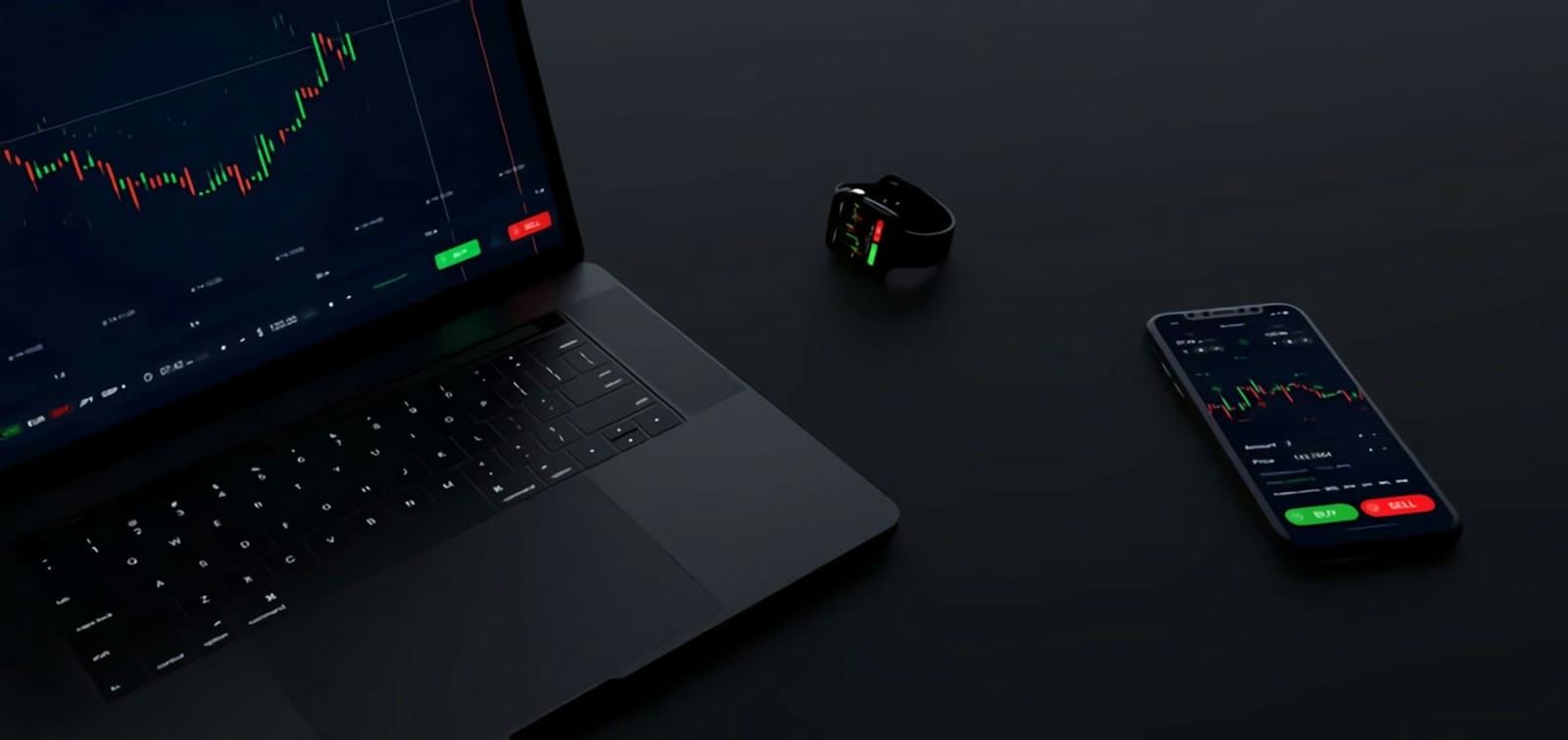 A laptop, a phone and a smartwatch on a dark desk, each showing a market chart