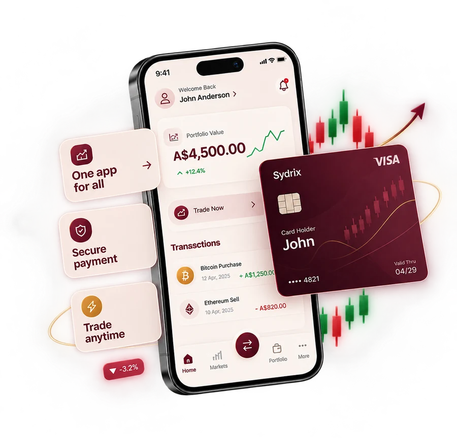 The Sydrix app on a phone beside a burgundy Sydrix card, showing a portfolio balance, recent transactions and the stop level set before a trade opens
